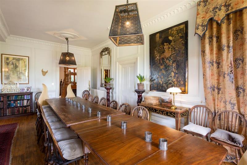 A formal dining room at Chulmleigh Manor, Chulmleigh, Devon