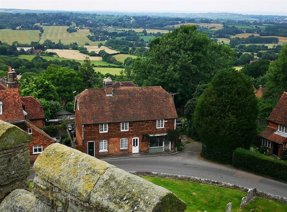Aerial view of the cottage from the adjacent church tower