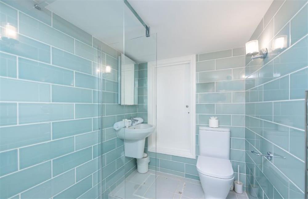 Family shower room with a shower cubicle, wash basin, heated towel rail and WC at Chy an Mor, Coverack