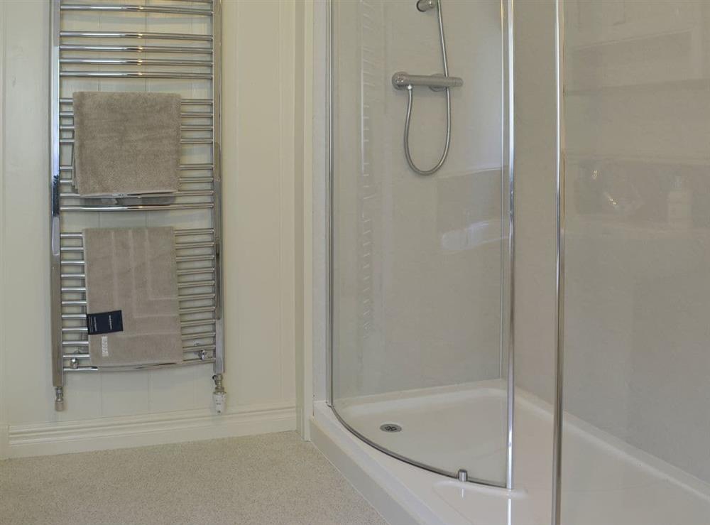 Bathroom with shower cubicle and heated towel rail at Clarence Cottage in Appleby-in-Westmorland, Cumbria