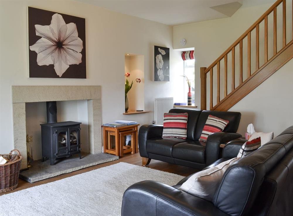 Living room with wood burner at Clematis Cottage in Burnsall, Yorkshire, North Yorkshire