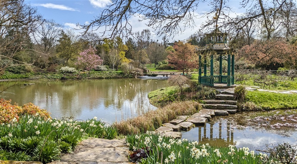 Water Garden stepping stones leading to pagoda at Cliveden New Cottage in Nr Maidenhead, Berkshire