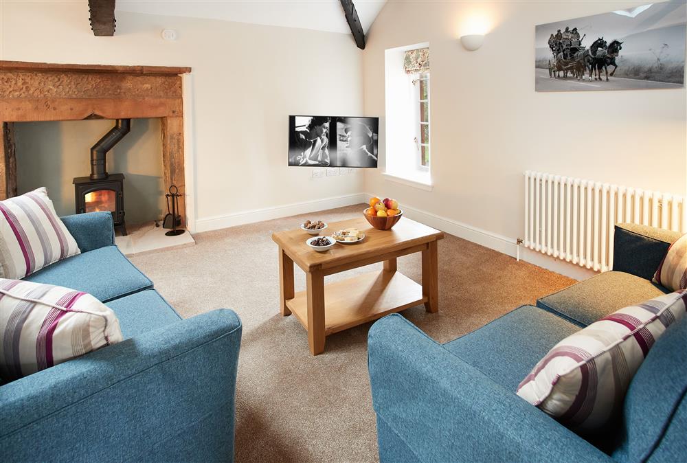 Comfortable sitting area with cosy wood burning stove at Clock Tower Apartment, Netherby Hall, Longtown