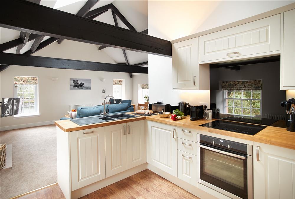 Open-plan kitchen and sitting room area with feature exposed beams and rafters at Clock Tower Apartment, Netherby Hall, Longtown