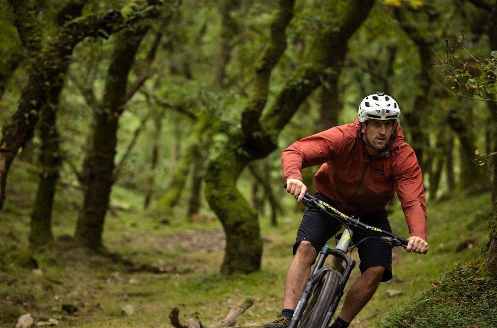 Man on a mountain bike in the woods at Cloud Farmhouse in Lynton, Devon