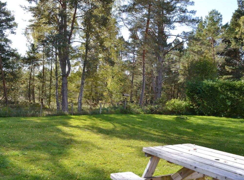 Mainly lawned garden with picnic style outdoor eating area at Clunymhore in Nethy Bridge, Inverness-Shire