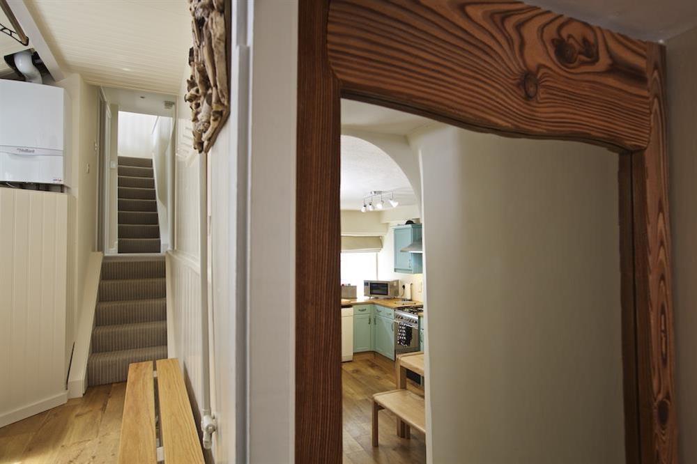 Stairs leading to the master bedroom and bunk room at Cob Cottage in , Salcombe