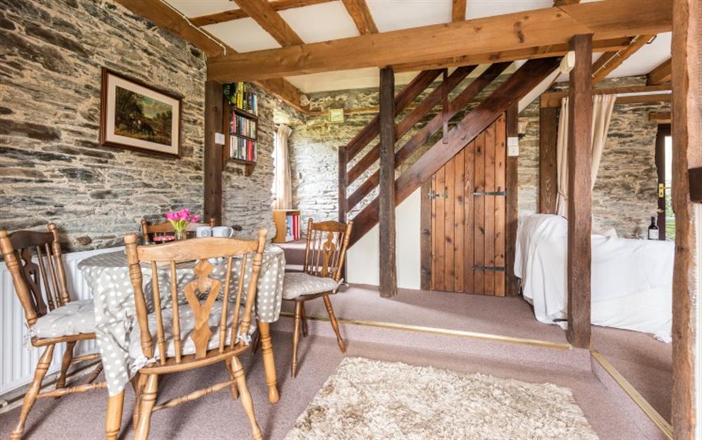Open plan living space at Cob Loaf Cottage in Fowey
