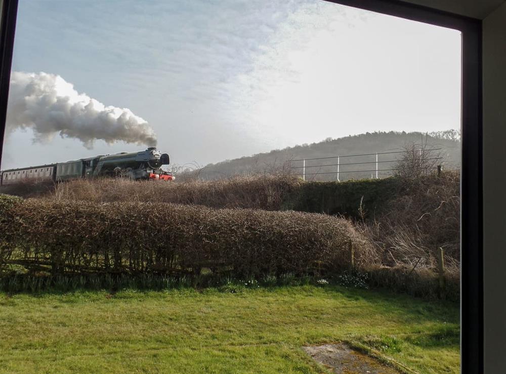 View from the window of the North York Moors Steam Railway at Cobbs Cottage in Grosmont, near Whitby, North Yorkshire