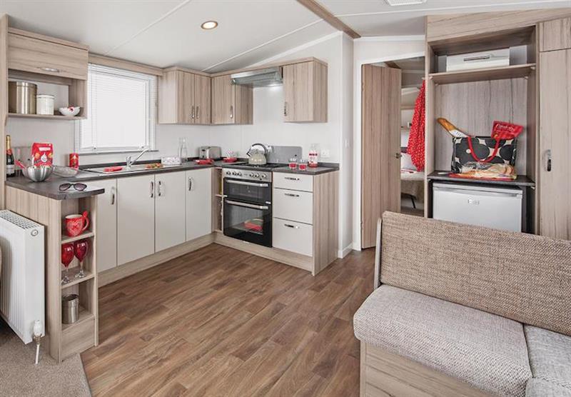 The kitchen in a typical Superior Caravan 2 at Coldingham Bay Leisure Park in Coldingham, Berwickshire