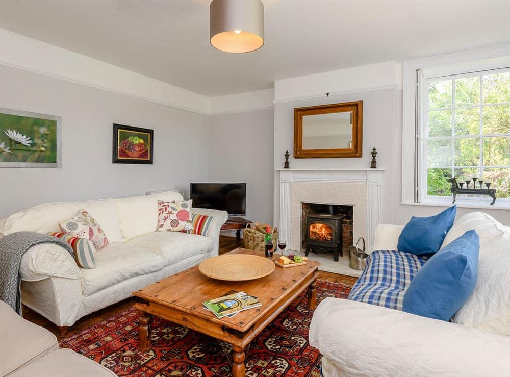 Stylishly furnished living room with wood burner at Colveston Manor in Mundford, Norfolk