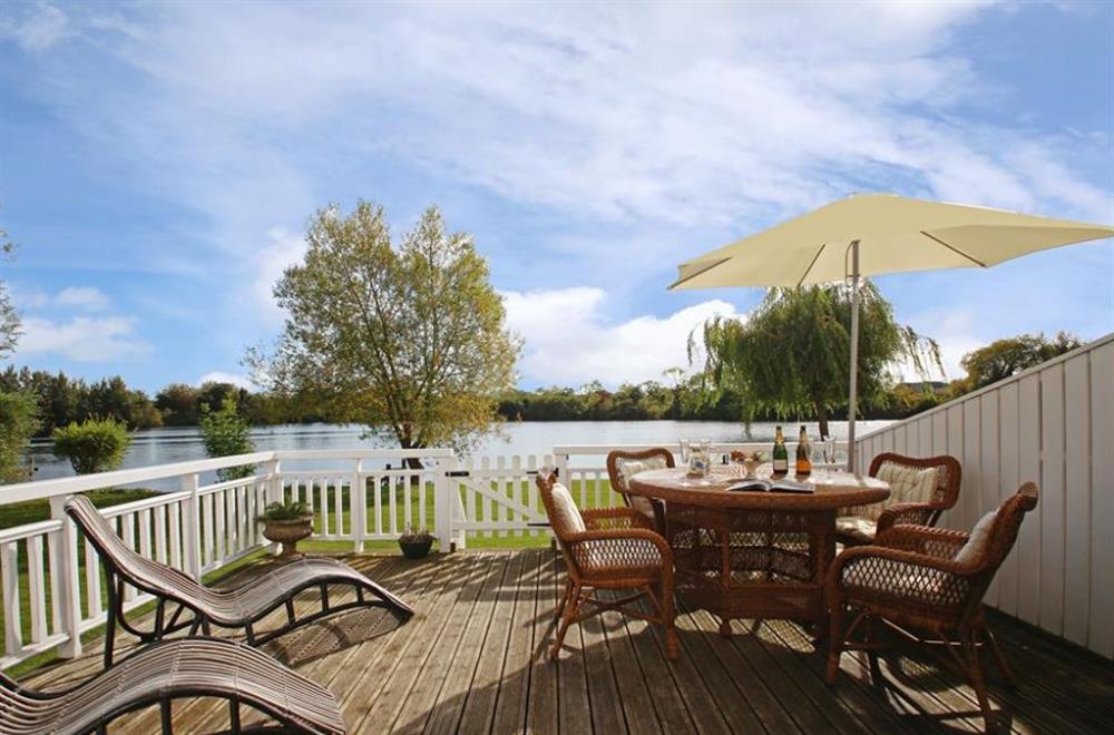 Decked area at Coot Lake House, Cotswold Lakes, Gloucestershire