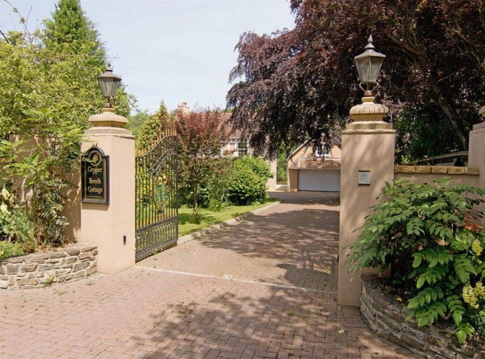 Gated entrance driveway with electric gates at Copper Beech Cottage  in Aberaeron, Ceredigion., Dyfed