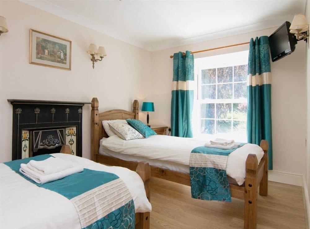 Twin bedroom with wooden floor and TV at Copper Beech Cottage  in Aberaeron, Ceredigion., Dyfed