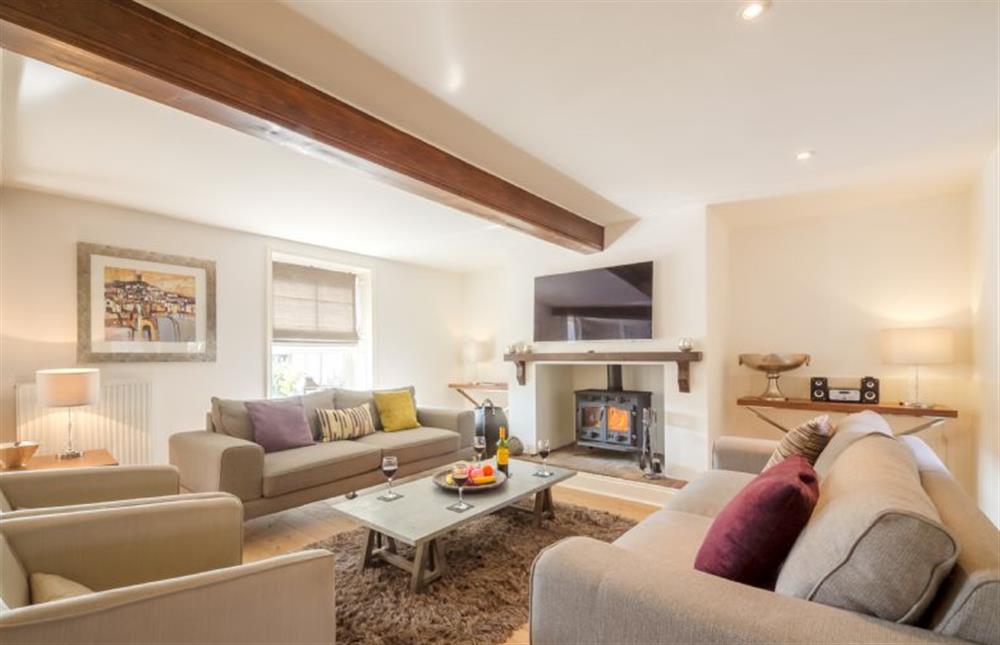 Sitting room featuring a log burner, plenty of seating and a smart television