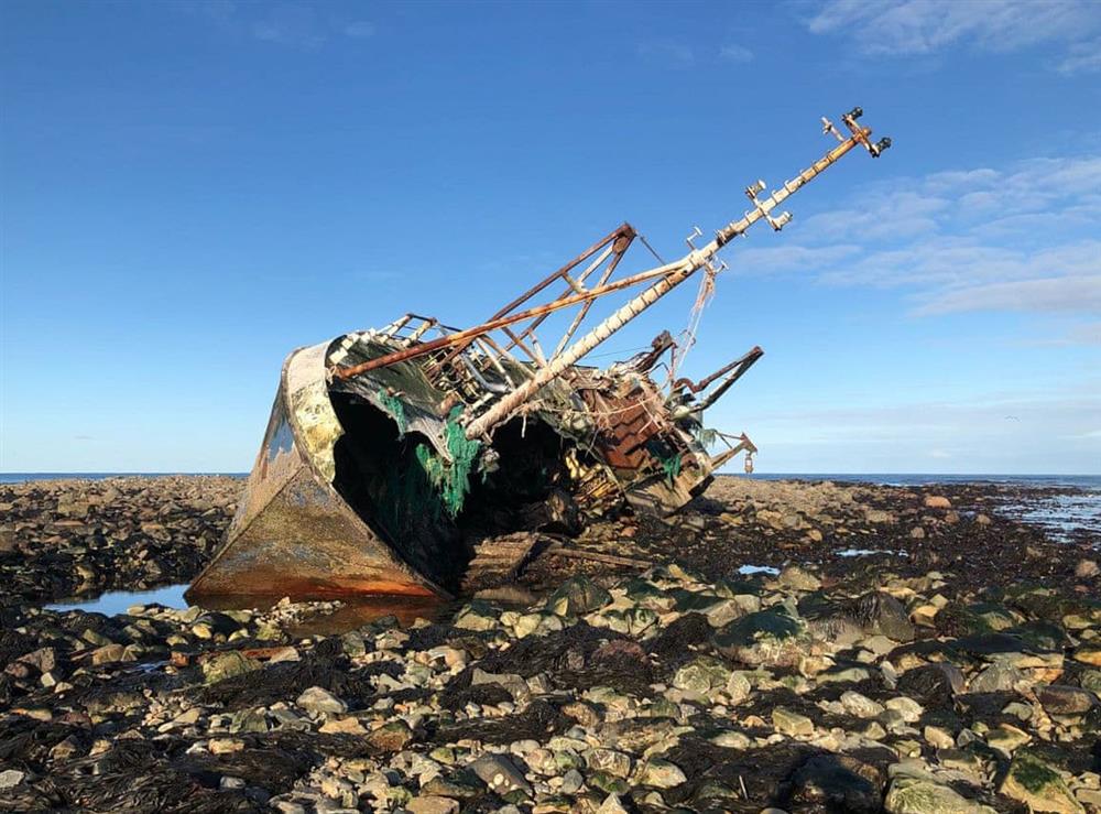 Wreck of the fishing boat Sovereign beside Cairnbulg Harbour which went aground in 2005 at Cotton Shore in Inverallochy, near Fraserburgh, Aberdeenshire