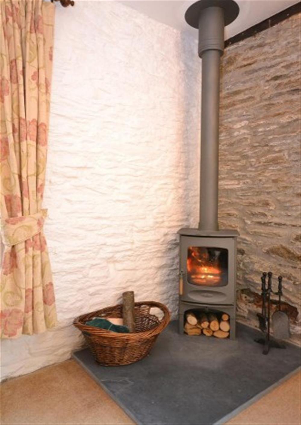 The modern woodburner stove. at Court Barton Cottage No. 2 in South Huish