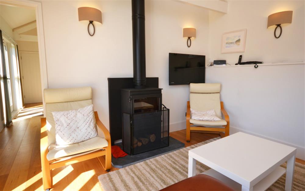 A closer look at the seating area and log burner at Court Barton Cottage No. 5 in South Huish
