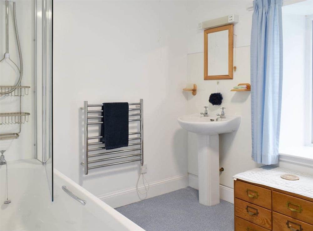 Bathroom with shower over bath at Covesea Village in Covesea Duffus, near Lossiemouth, Moray, Morayshire