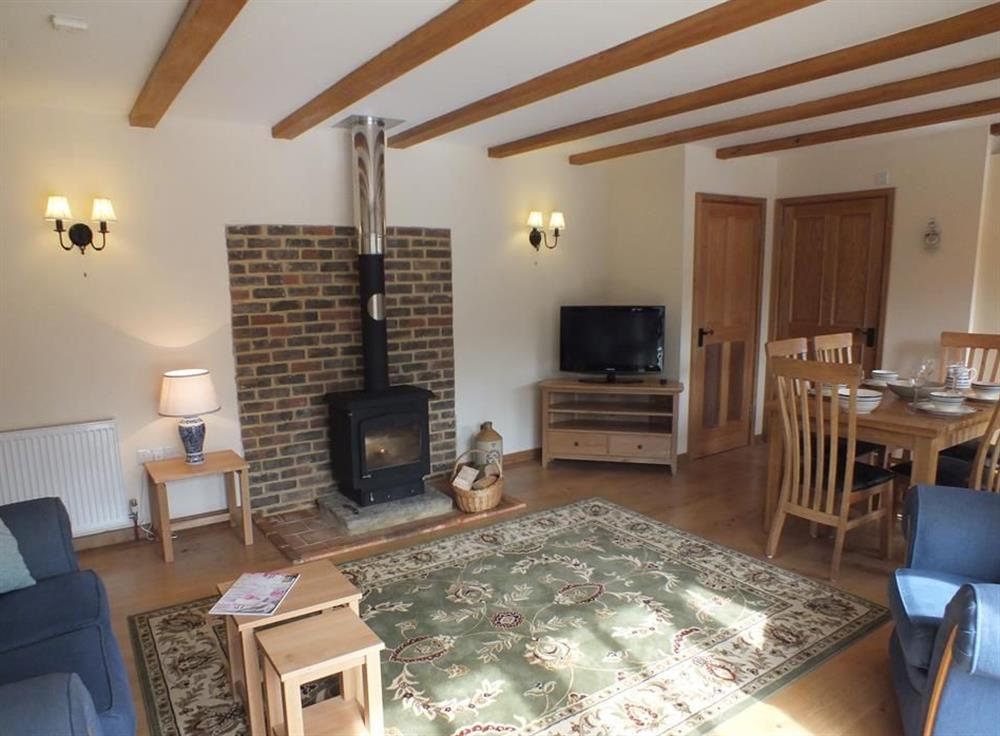 Living room and wood burner at Cowslip Cottage, Brook, Kent