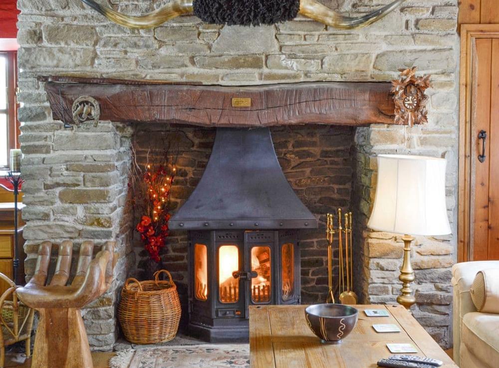 Warming wood burner within living area at Barn Cottage, 