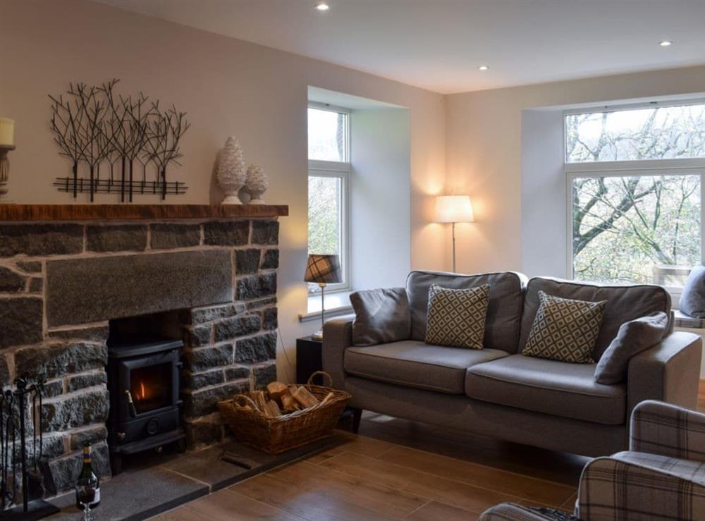 Cosy living area with wood burner at Craigmuick Cottage in Aberfoyle, Stirlingshire