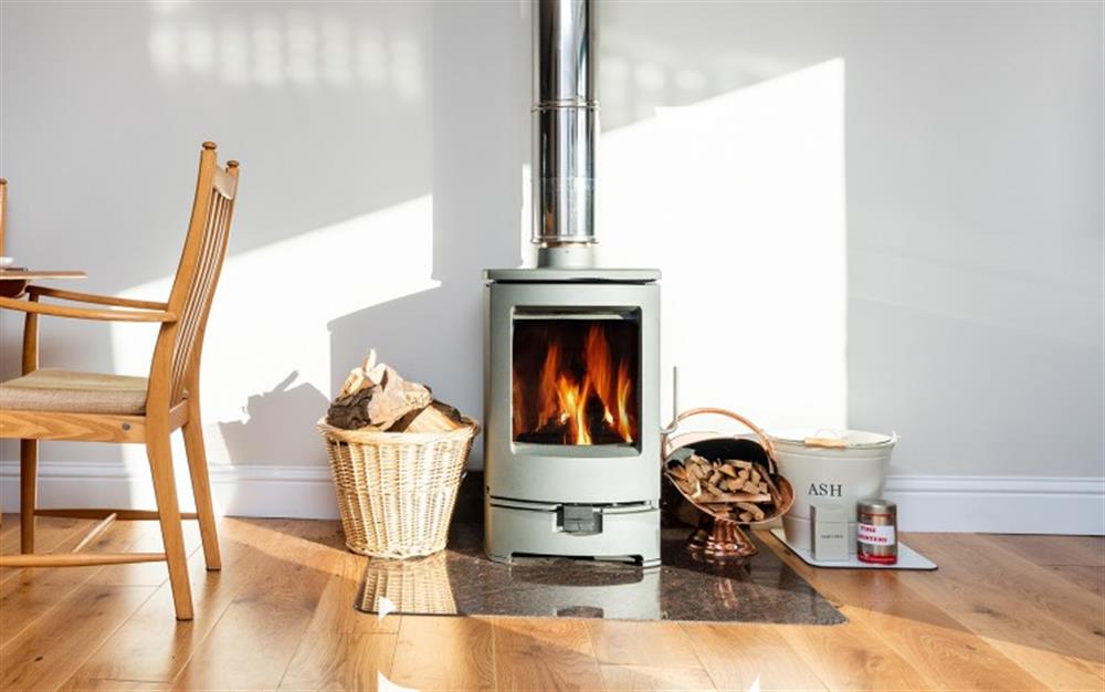 The toasty modern log burner at Crinnis in Chillington