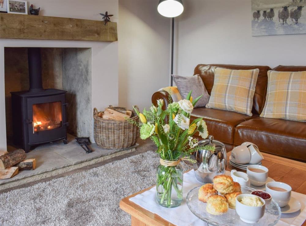 Living room with lovely wooburning stove at Croft Cottage in Newholm, near Whitby, North Yorkshire