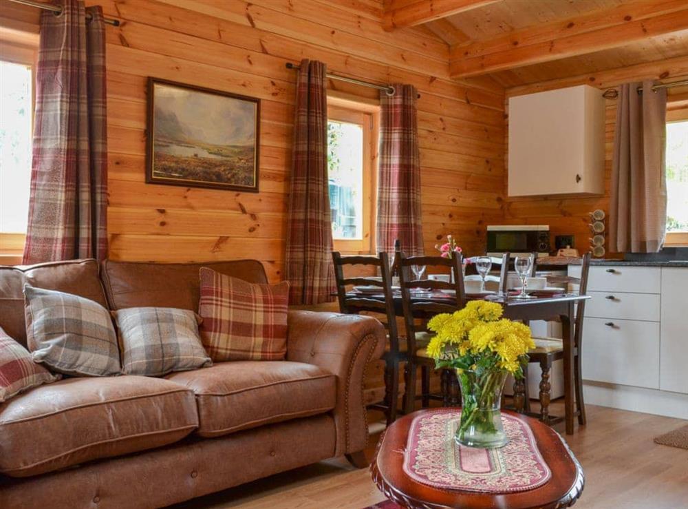 Charming and cosy living area at Cruachan Log Cabin in Banavie, near Fort William, Inverness-Shire
