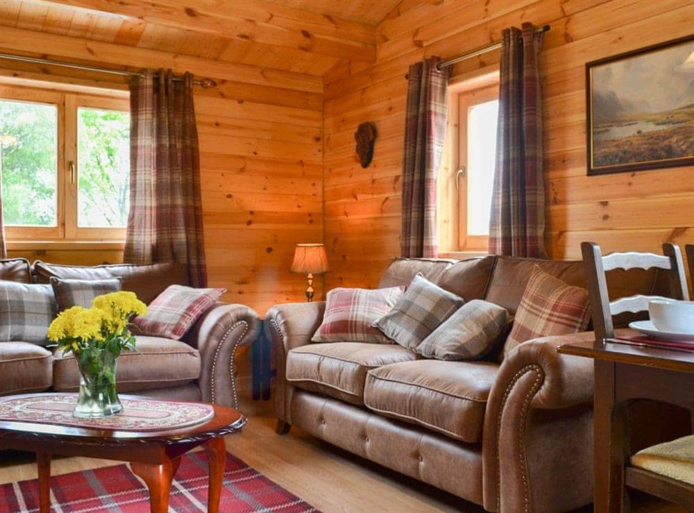 Warm and inviting open plan living area at Cruachan Log Cabin in Banavie, near Fort William, Inverness-Shire