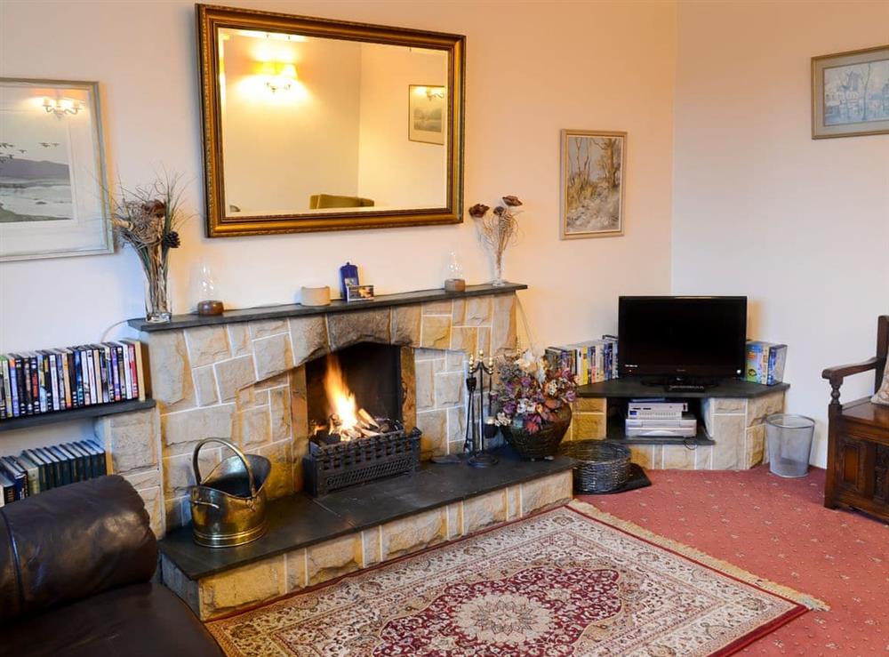 Comfortable living room with open fire at Culcharry Cottage in Cawdor, Nairn, Highland