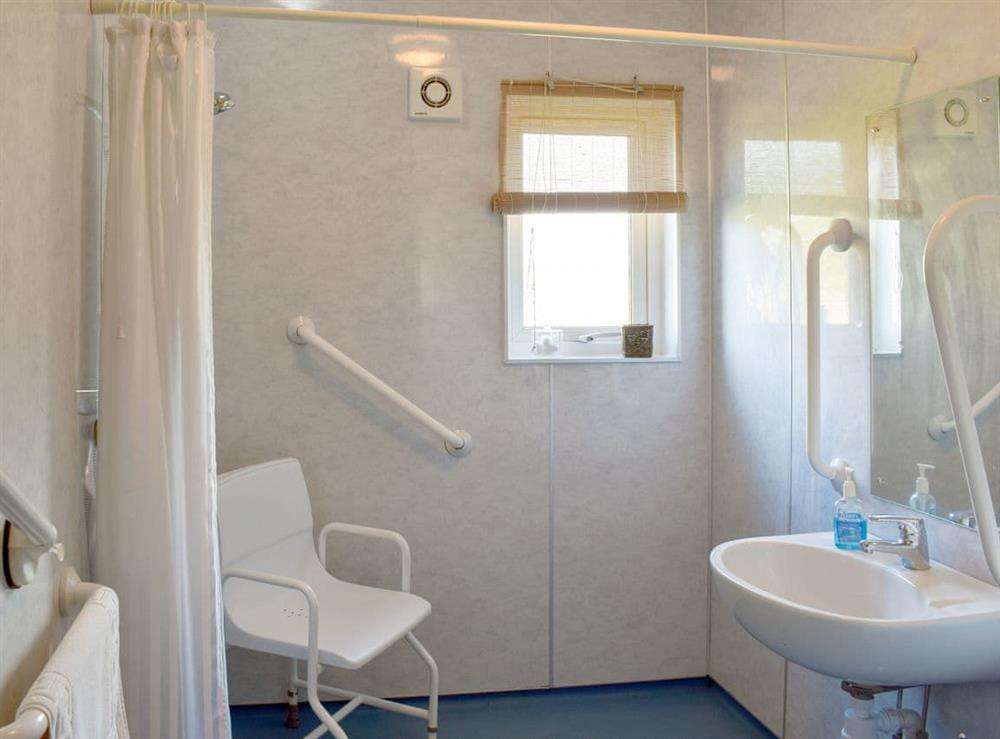 Wet room with shower, grab rails, hoist, adjustable toilet seat, shower seat and toilet.