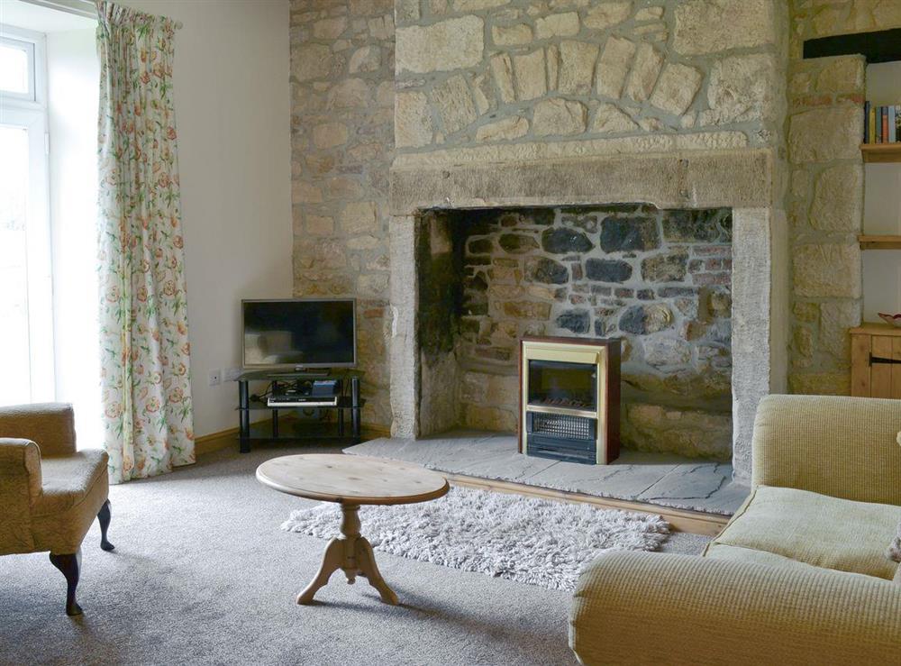 Spacious lounge area with exposed stone feature wall and fireplace at Curlew Cottage in Belford, near Bamburgh, Northumberland