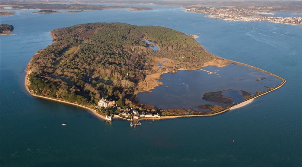 Aerial view of Brownsea Island at Custom House in Poole, Dorset