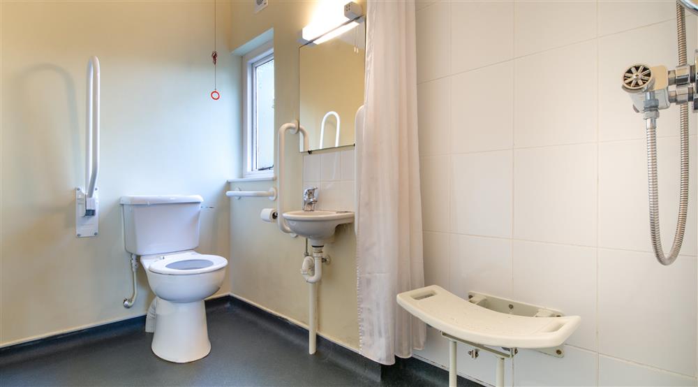 The accessible shower room at Cwm Ivy Lodge Bunkhouse in Gower, Swansea