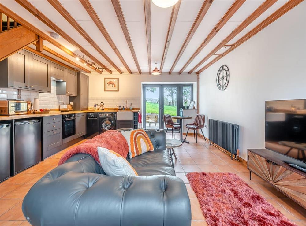Open plan living space at Cwtch Bee in Cribyn, near Lampeter, Dyfed