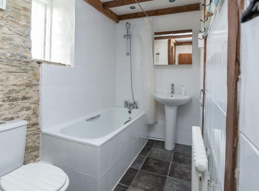 Family bathroom with shower over bath at Dairy Cottage in Fowey, Cornwall
