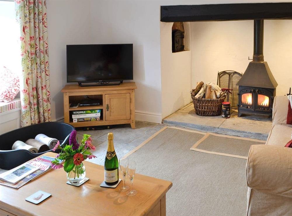 Well presented living room with wood burner at Dairy House Farm in Bickenhall, near Taunton, Somerset
