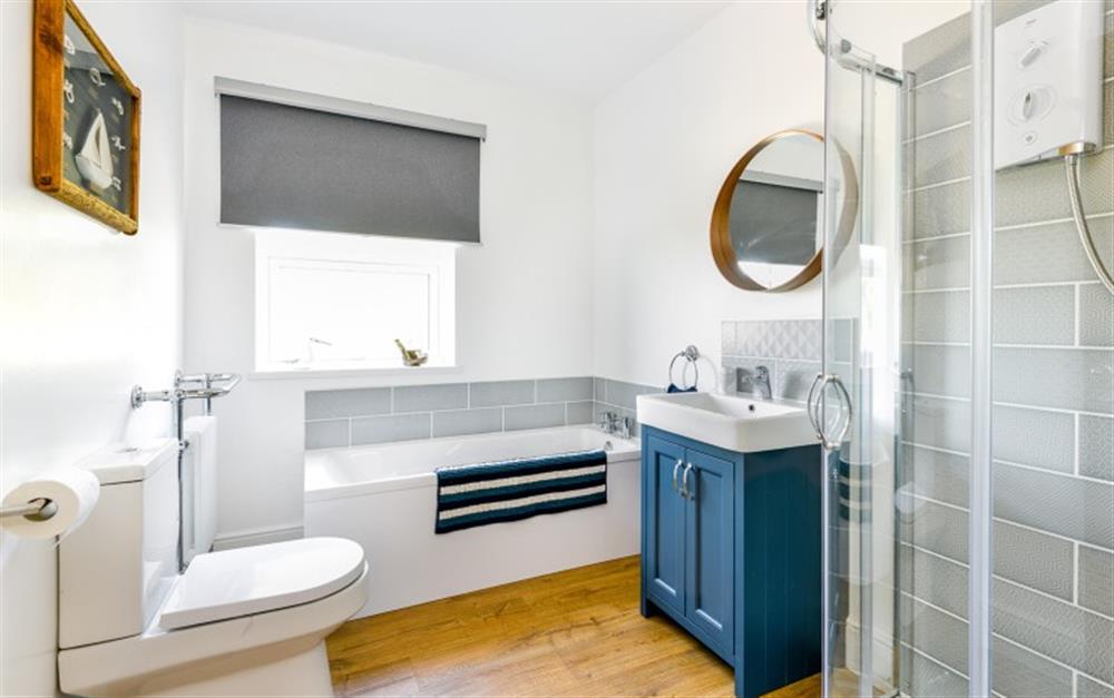 Family bathroom with walk in shower at Daisy Cottage in Malborough