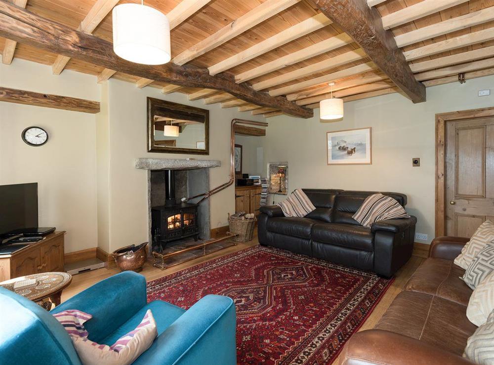 Living room with multi-fuel burning stove at Dale View in Sedbusk, near Hawes, North Yorkshire