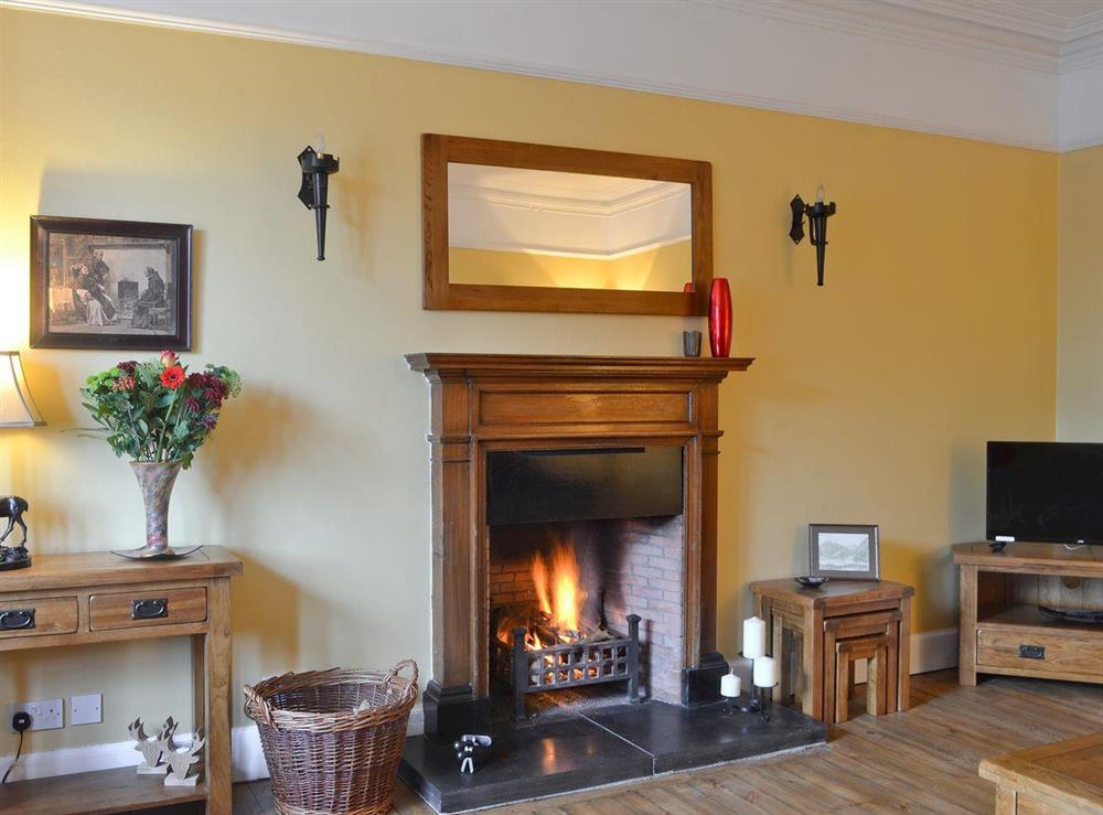 Living room with open fire at Dallas Brae in Grantown-on-Spey, Morayshire