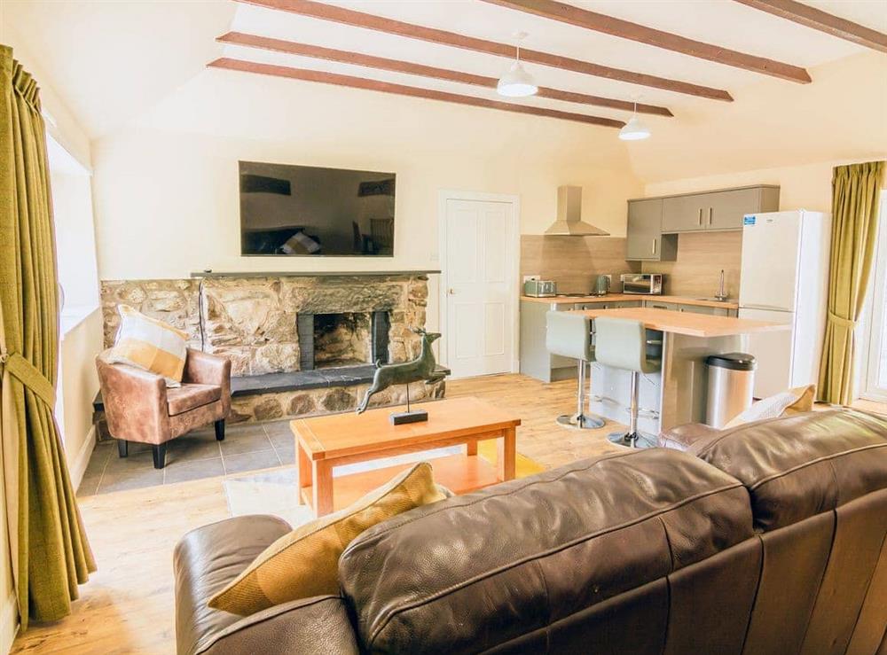 Large open plan kitchen and sitting area with fire at Keepers Cottage, 