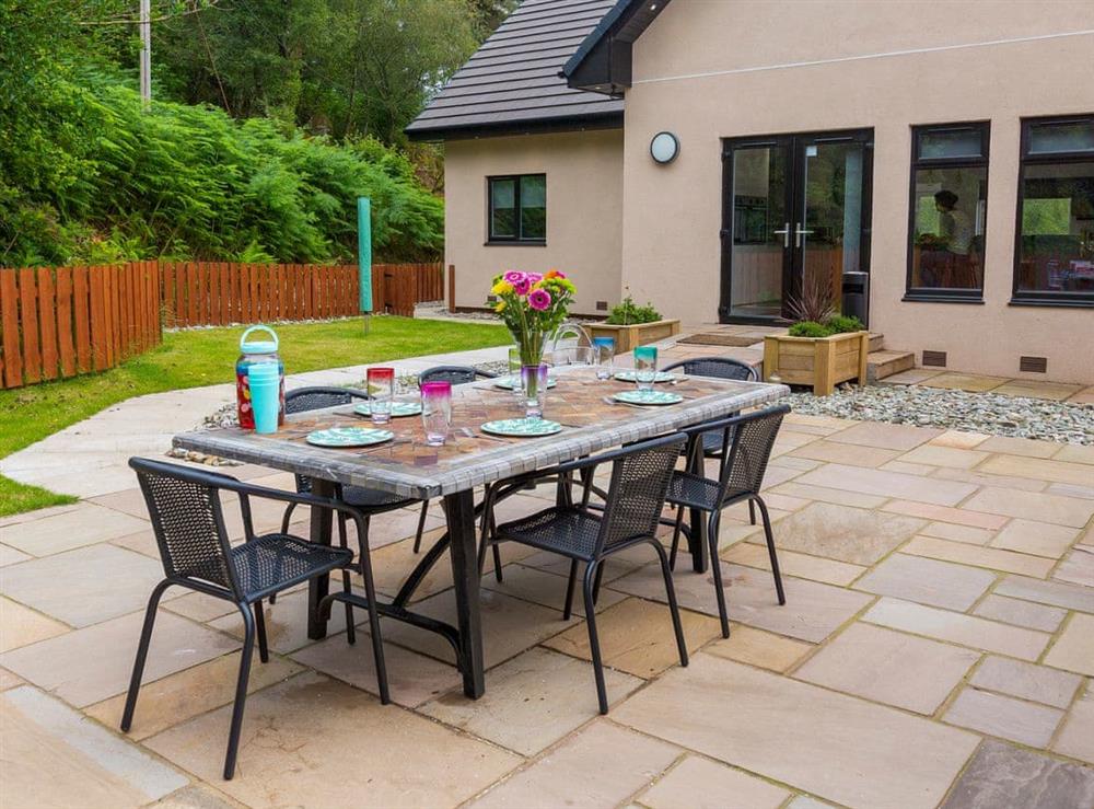 Large terrace with garden furniture at Dalnahua in Tighnabruaich, near Colintraive, Argyll and Bute, Scotland
