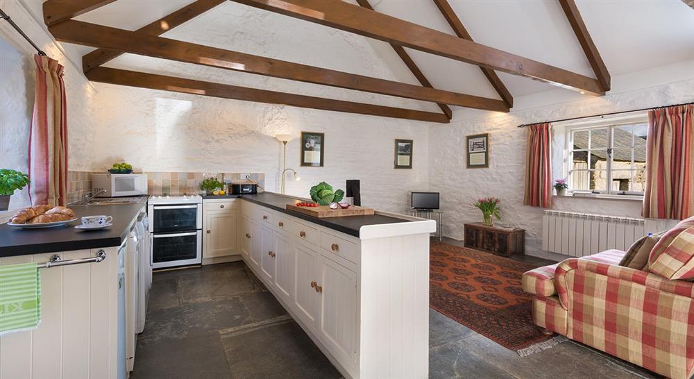 The open plan kitchen and sitting area at Degibna Lower Pentire Barn in Helston, Cornwall