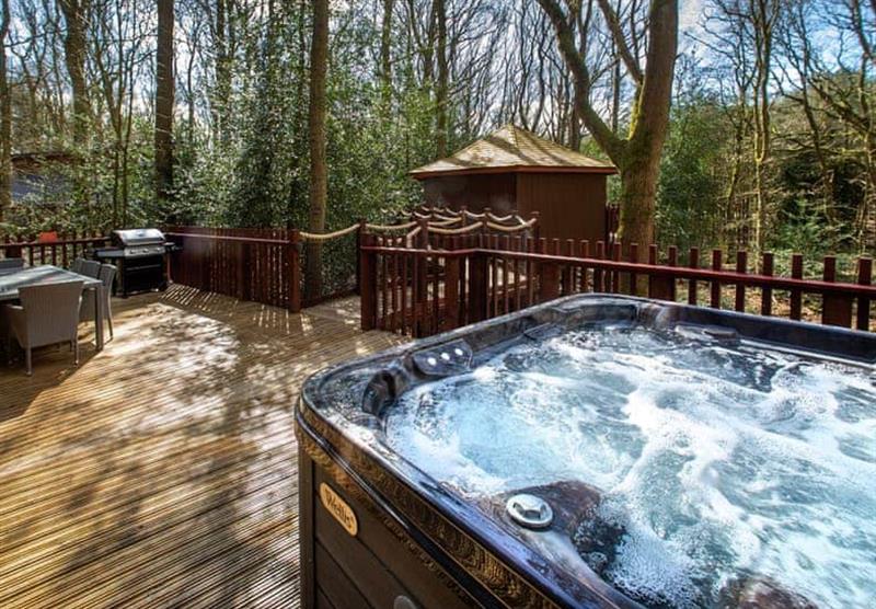 The outdoor hot tub in Golden Oak Hideaway at Delamere Forest Lodges in Fordsham, Cheshire