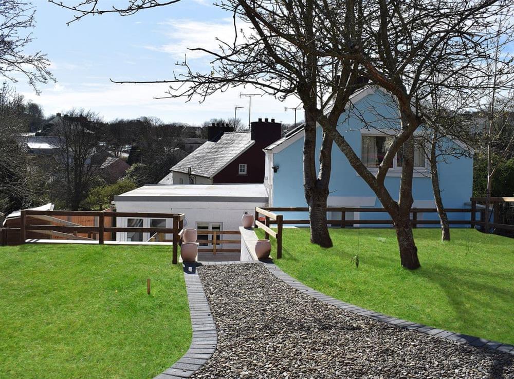 Attractive lawned garden at Delfryn in Llanarth, near New Quay, Ceredigion, Dyfed