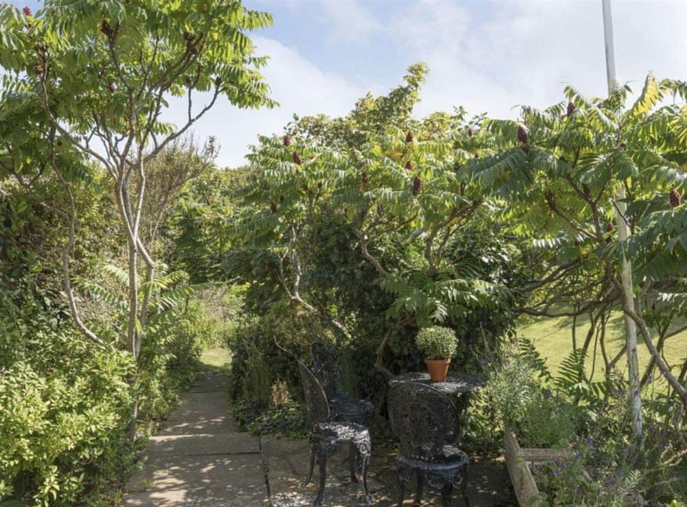 Patio area overlooking the established garden at Dell Cottage in Mundesley, near North Walsham, Norfolk