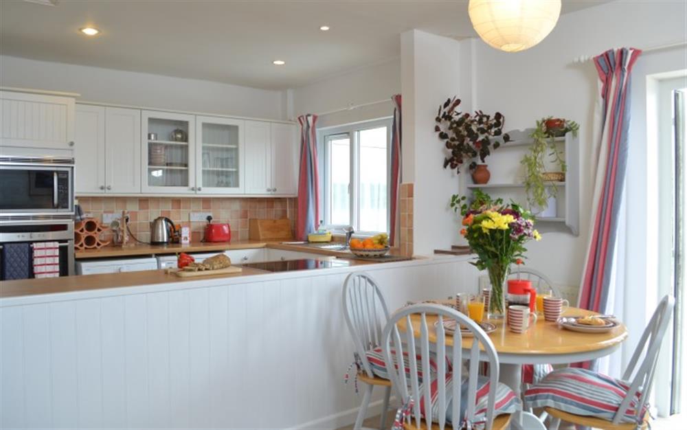The room divider houses kitchen cupboard and electric hob at Demelza 2 in Helford Passage