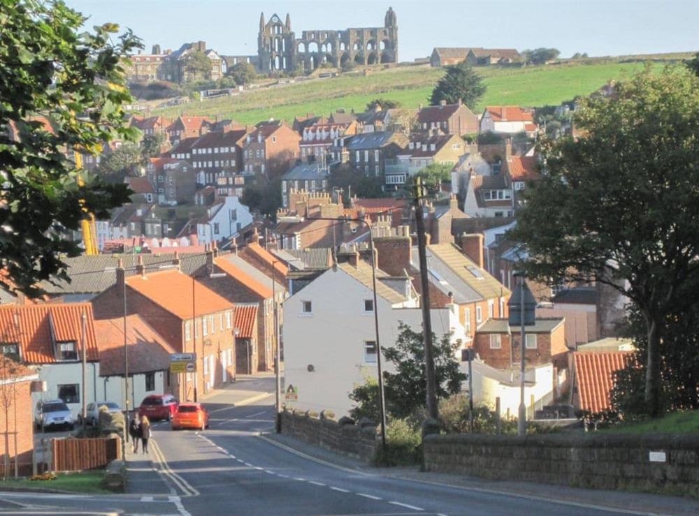The ruins of Whitby Abbey perched on the headland above the town