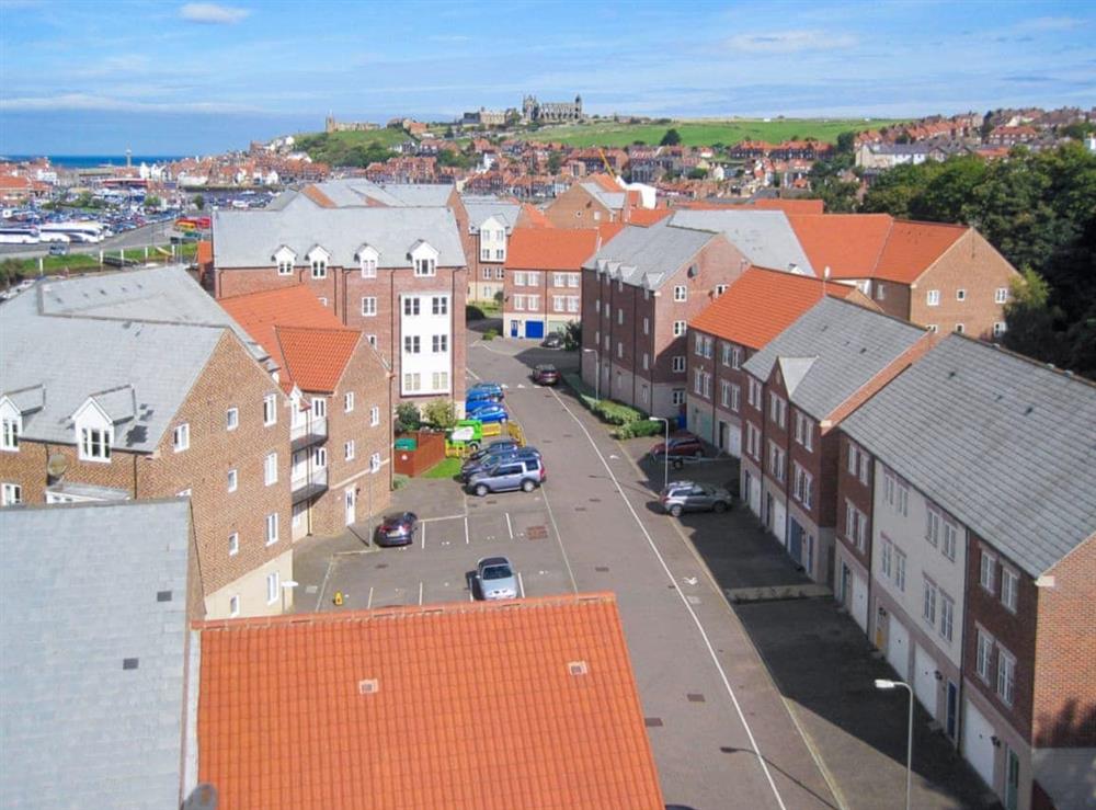 View looking towards Whitby Abbey with the holiday accommodation in the foreground at Demeter House in Whitby, North Yorkshire
